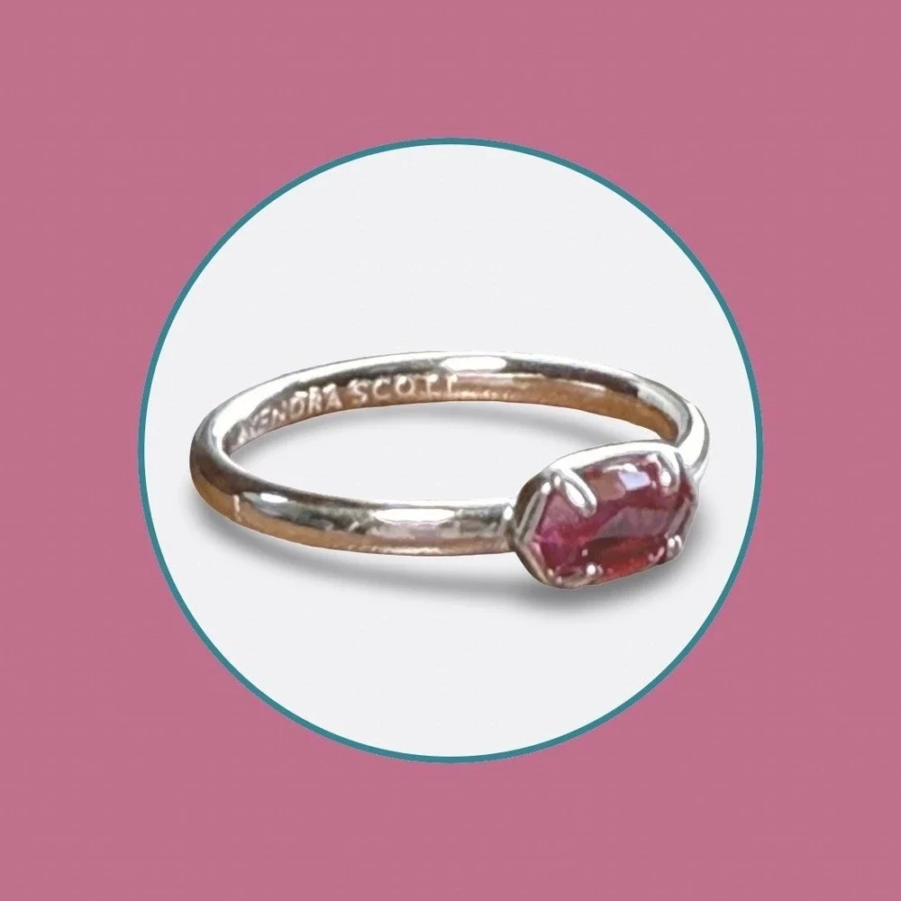 Kendra Scott Stackable Pink Tourmaline Stone‎ Ring 7.25 Silver Dainty Retired